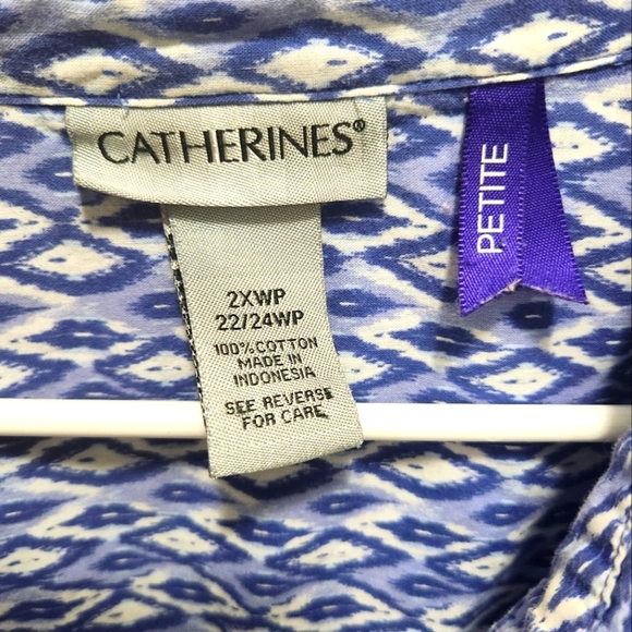 Catherines Blue White Abstract Diamond  Print Cotton Blouse Plus Sz Petite 2XWP - Picture 6 of 6